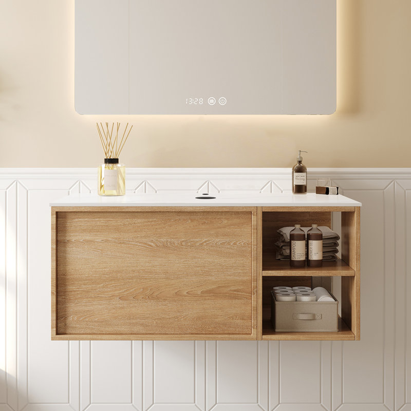 Meuble-lavabo moderne flottant (lavabo non inclus), armoire à grain de bois 36 po avec plateau en pierre frittée blanche et trou de préparation pour évier, étagère ouverte réversible