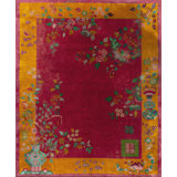 Wool Rectangle Coral / Salmon Pink 1920s Floral Antique Hand Knotted Pile Rug