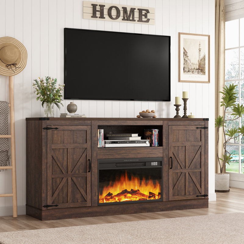 66" Fireplace TV Stand for TVs up to 65/70 inch with 26" Electric Fireplace, Farmhouse Entertainment Center with Power Outlets with Adjustable Shelves