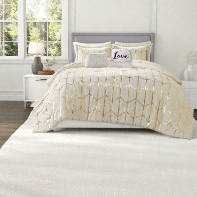 Ensemble de literie moderne simple / simple TG, imprimé métallique ivoire et doré, ensemble d'édredon 5 pièces pour chambre à coucher contemporaine