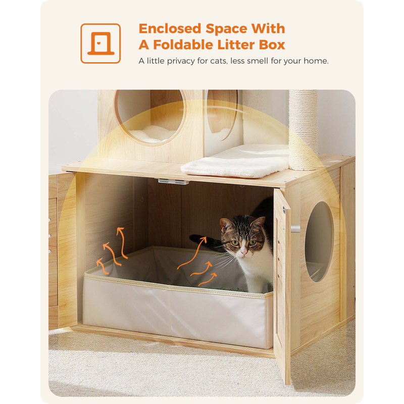 Beige 50" Modern Wood Cat Condo with Foldable Litter Box