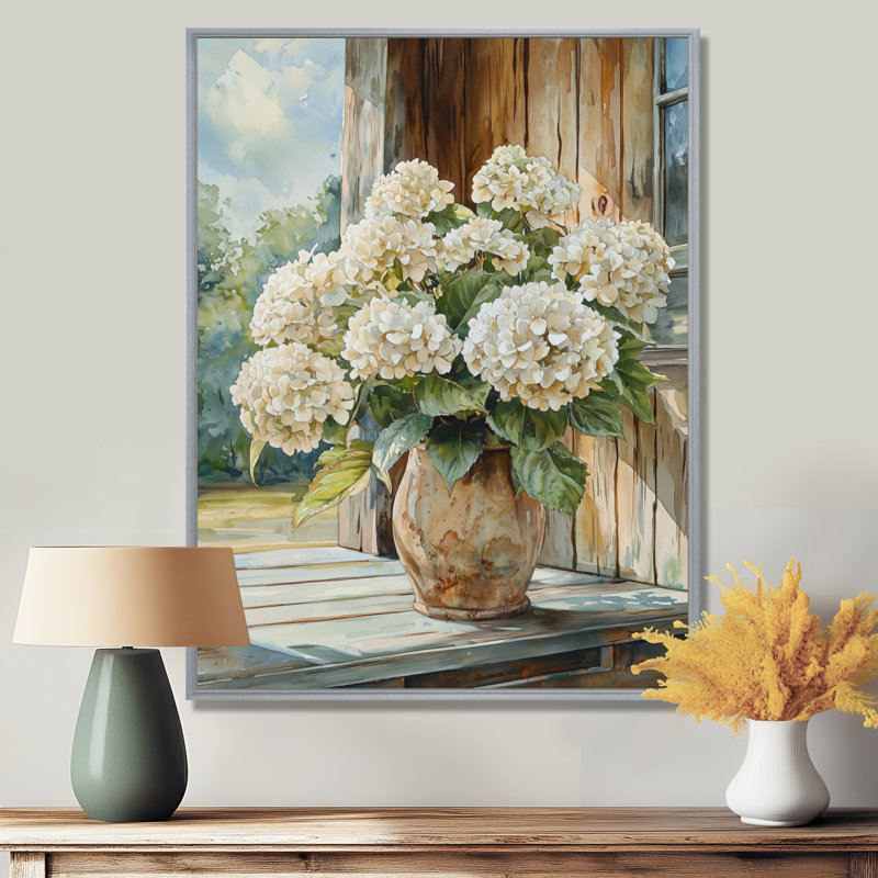 Farmand Hydrangeas Pot In The Summer Breeze - Hydrangea Wall Art, Argent argent, H 32 po x l 24 po