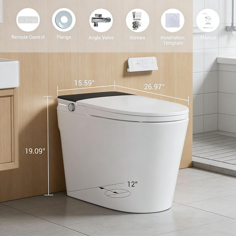 Toilette intelligente conforme ADA - réservoir intégré, ouverture / fermeture automatique, siège chauffant, séchoir à air chaud, capteur de pied, télécommande - blanc