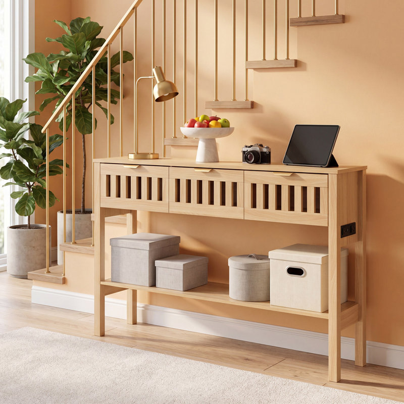  Table d'entrée avec prises de courant et console usb-c rétro à lattes creuses avec 3 tiroirs, table de canapé derrière le canapé pour le salon, couloir, vestibule, 47 po, naturel