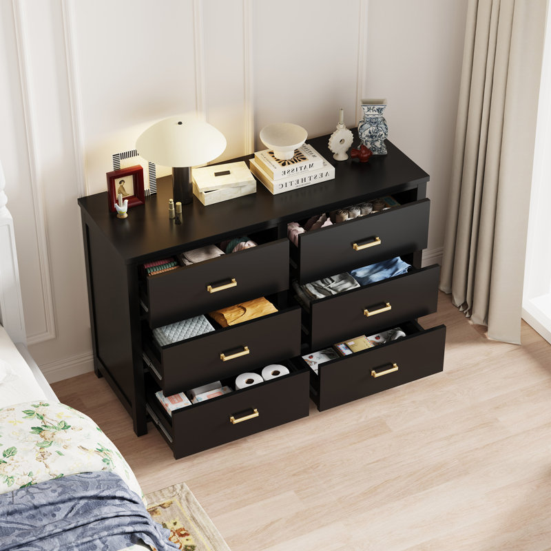 52'' W 6-Drawer Solid Wood Construction Dresser with Spacious Storage, Black