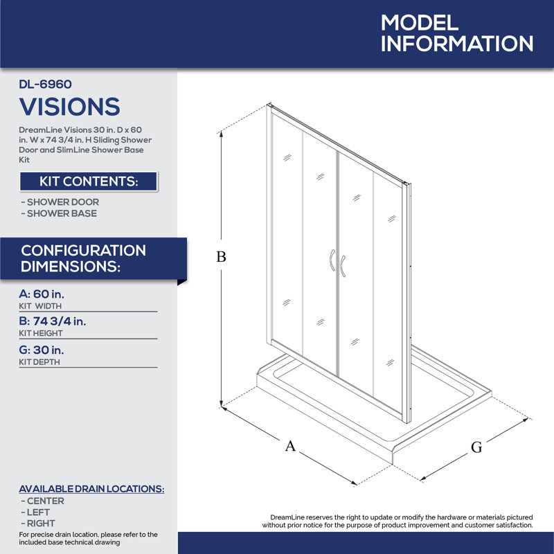 Visions 60" W x 74.75" Semi-Frameless Shower Encolusure, Brushed Nickel/Biscuit, Right