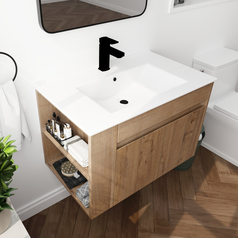 30" Single Sink Wall Mounted Bathroom Vanity With Ceramic Sink Top, Floating Bathroom Vanity with 2 Soft Close Doors And 1 Adjustable Side Shelf