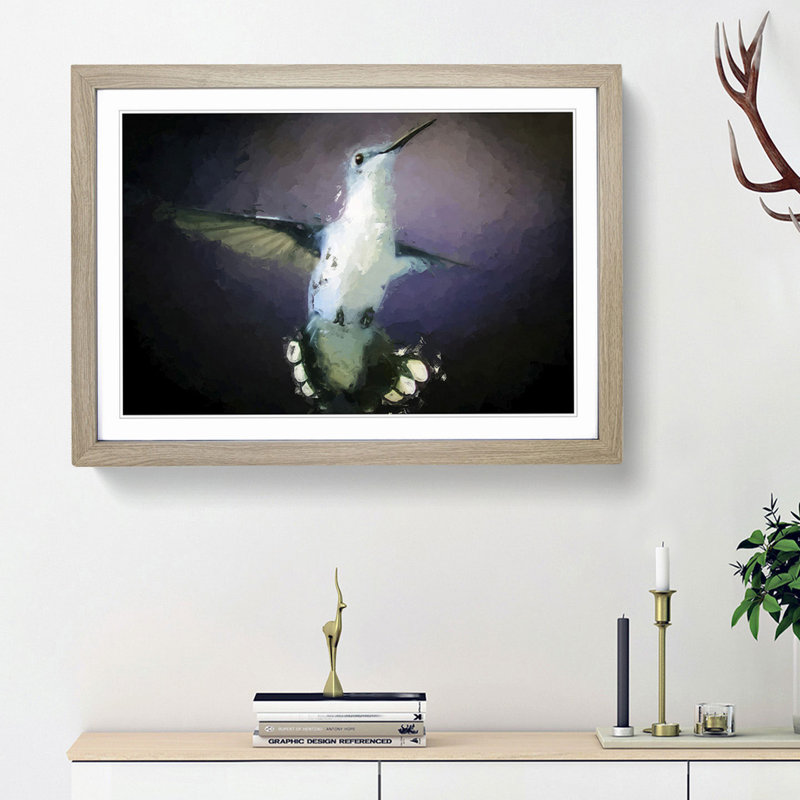 Hummingbird Bird in Flight in Abstract - Picture Frame Painting Print, Oak Framed, 36cm H x 48cm W x 2cm D