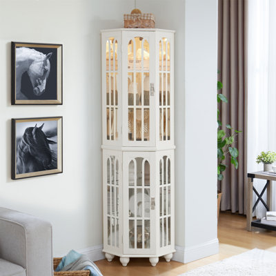 Corner Curio Cabinet With 4 Adjustable Tempered Glass Shelves And Lighting System