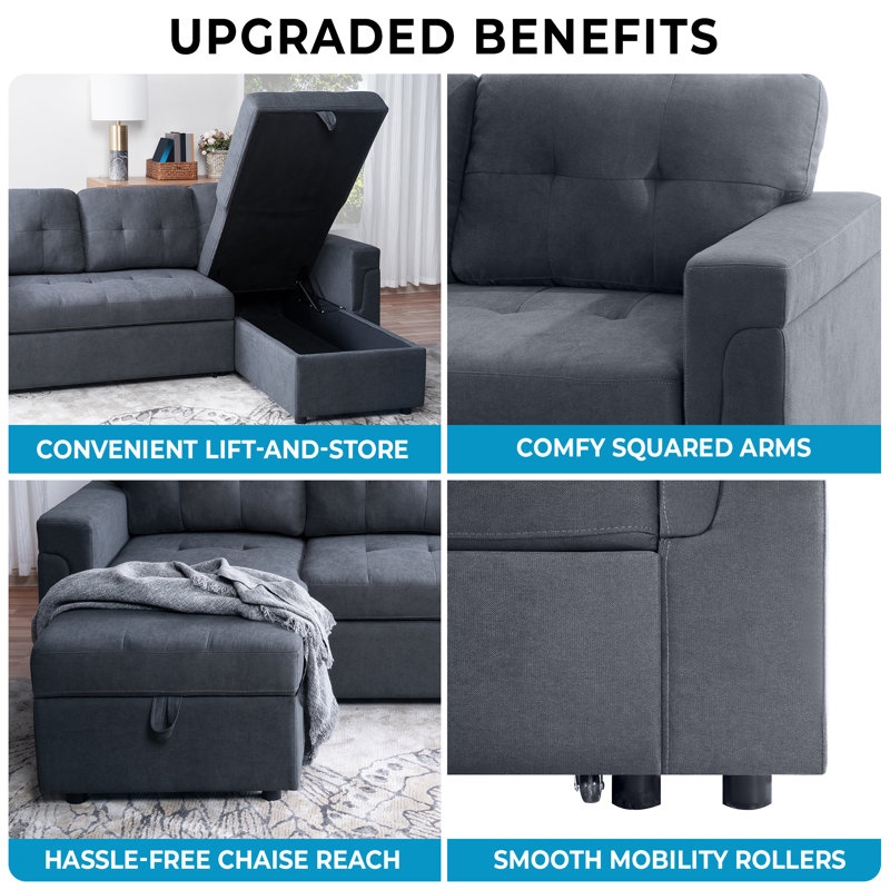 Velvet Sectional Sleeper Sofa Bed – Convertible Couch with Reversible Chaise for Living Room, Dark Gray Velvet