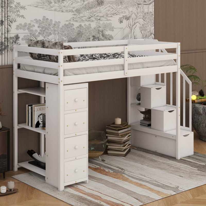 Lit mezzanine simple avec tiroirs de rangement, tablettes et escaliers, Blanc