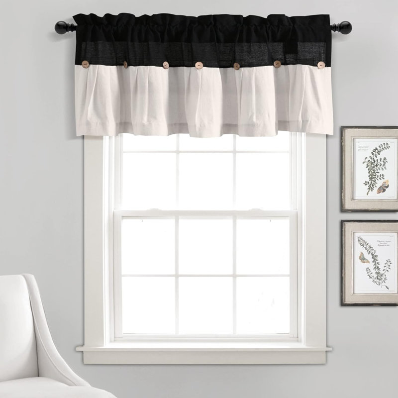Linen Button Farmhouse Valance, 52" W X 18" L, & - Rustic Kitchen Valance For Windows - Pleated Color Block Design With Coconut Husk Button Detail - Kitchen Curtains Valance