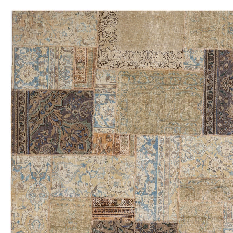 Tapis beige / bleu / brun en laine noué à la main à motif patchwork One-of-a-Kind