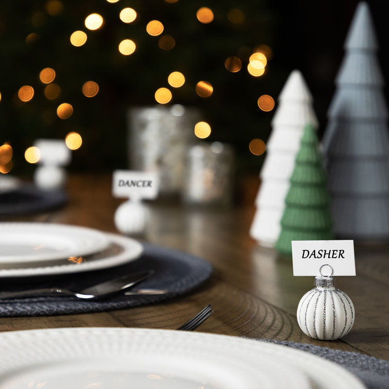 Glitter Striped Glass Christmas Ornament Place Card Holders - 2" - White - Set Of 6