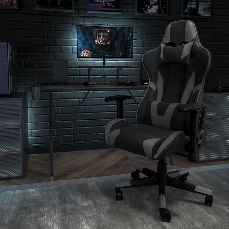 Fauteuil de jeu d'ordinateur ergonomique LeatherSoft avec dossier entièrement inclinable et repose-pieds coulissant, Gris
