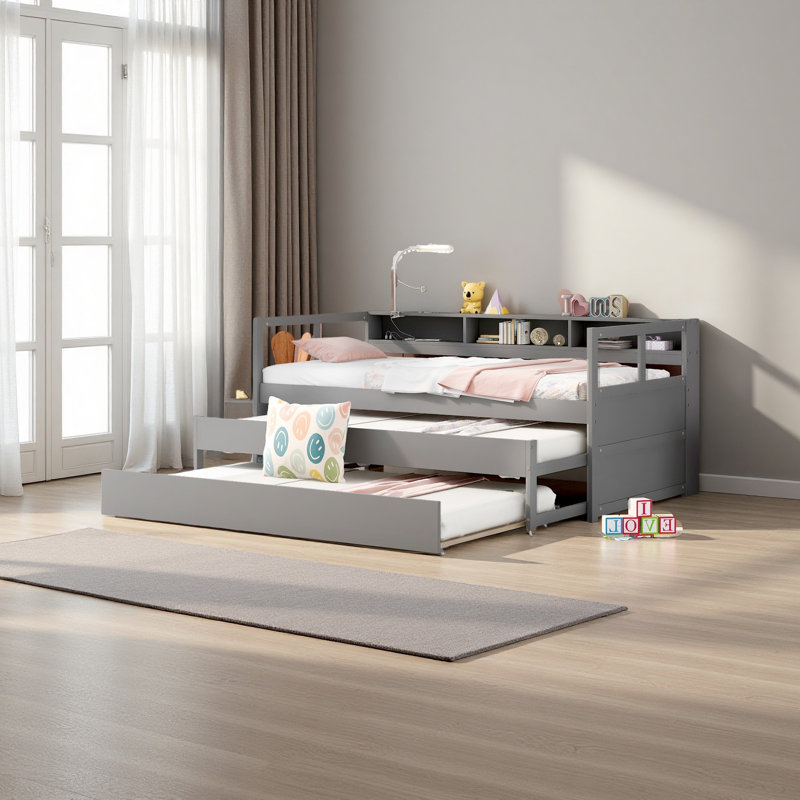 Wood Daybed With 2 Trundles, 3 Storage Cubbies, 1 Light For Free And USB Charging Design, Gray
