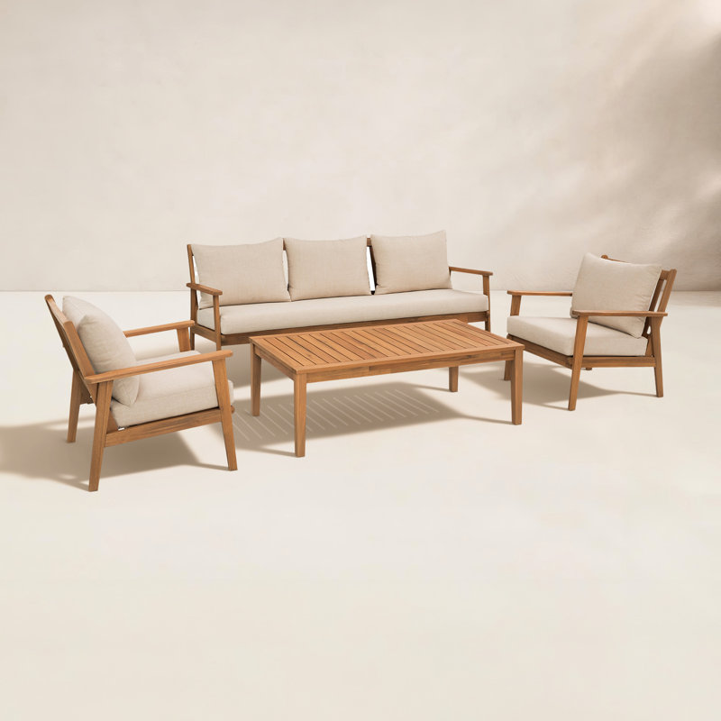 Weslyn 5-Person Solid Wood Patio Conversation Set, 2 chairs, coffee table, 3-seater sofa