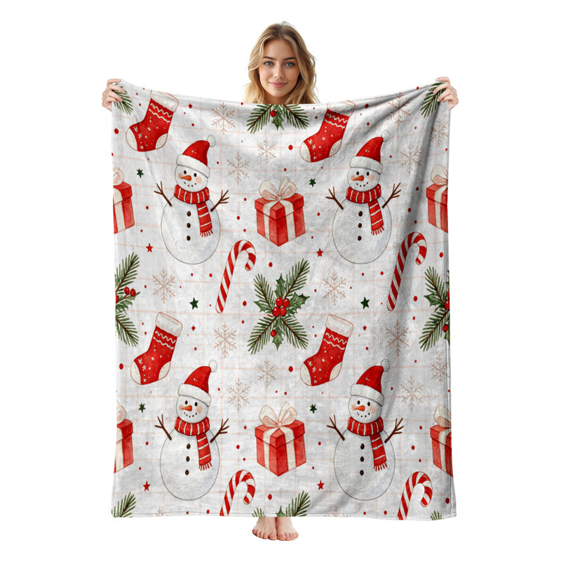 Plaid de Noël en flanelle polaire JYK, léger, respirant, doux et chaud en microfibre pelucheuse, 127 x 152 cm, cadeau idéal pour les fêtes (motif bonhomme de neige).