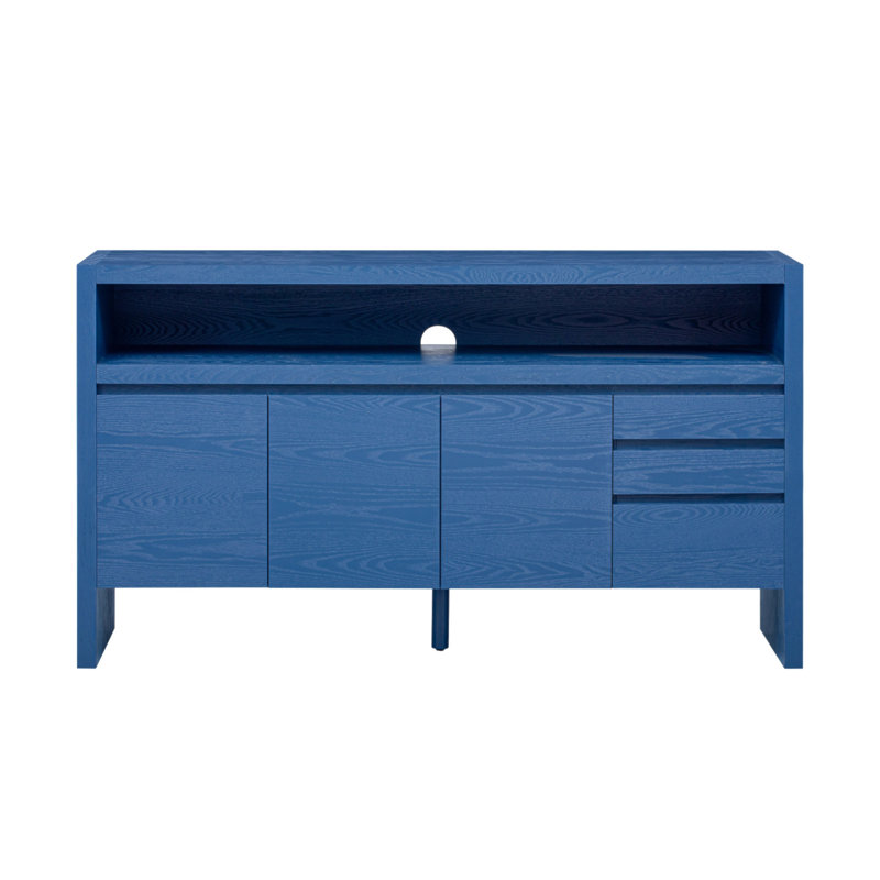 Buffet U_Style 60 po à 3 portes avec 3 tiroirs - Buffet moderne en placage de frêne massif, tablette semi-ouverte et découpe semi-circulaire centrale dans le panneau arrière, grande armoire de rangement pour le salon, le couloir et la salle à manger
