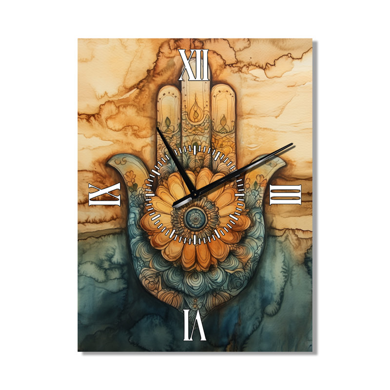 Hamsa de la protection dorée - Horloge murale bohème en métal, H 32 po x l 24 po - Rectangle