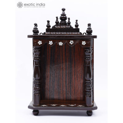 Wall-Mounted Wooden Puja Temple with Inlay, 18-Inch Traditional Home Shrine