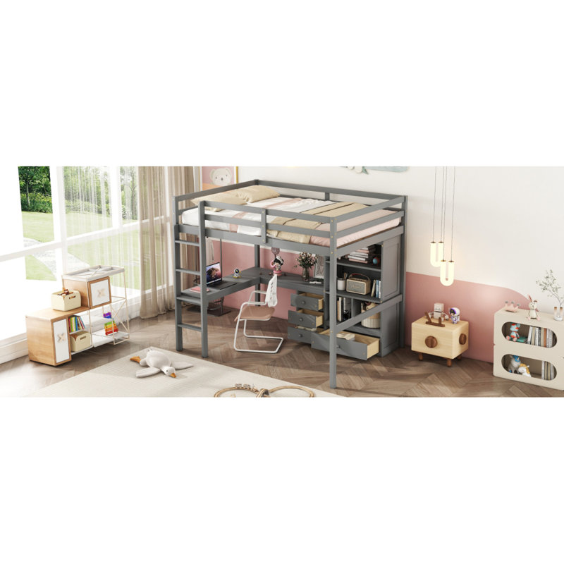 Lit mezzanine double en bois avec bureau, tablettes et tiroirs de rangement, échelle intégrée, lit mezzanine haut avec bureau, tablettes et tiroirs de rangement, garde-corps, gris