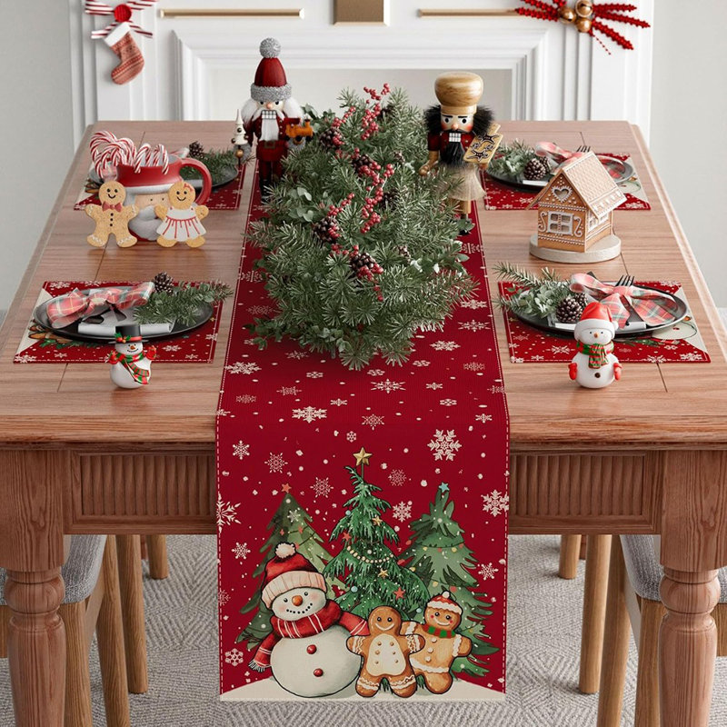 Winter Red Snowman Gingerbread Man Christmas Tree Xmas Table Runner Table Decoration For Party Home Kitchen Dining Holiday Decor 13X72 Inch