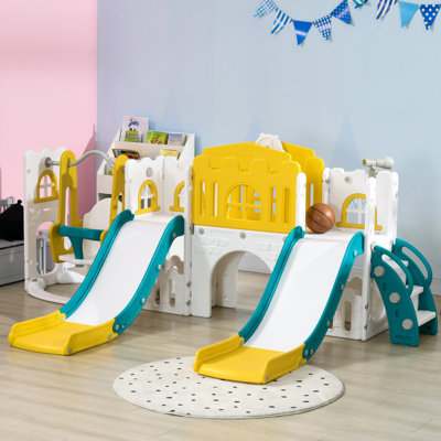 Ensemble de balançoire et balançoire pour tout-petits 8 en 1 QABA avec 2 toboggans, toboggan pour bébé de 1 à 3 ans avec panier de basketball, grimpeur, allée, volant, espace de rangement, télescope, aire de jeu intérieure, jaune