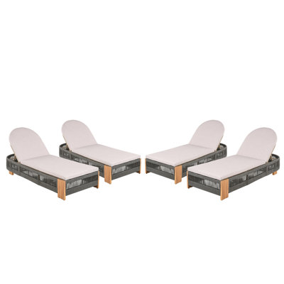 Outdoor  Acacia Wood Patio Adjustable Lounge Chair Set Of 4- Uncushioned For Backyard Pool Garden-Grey Rope & Natural Iron