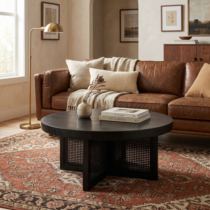 Quinn Mango Wood & Cane Round Coffee Table, Black