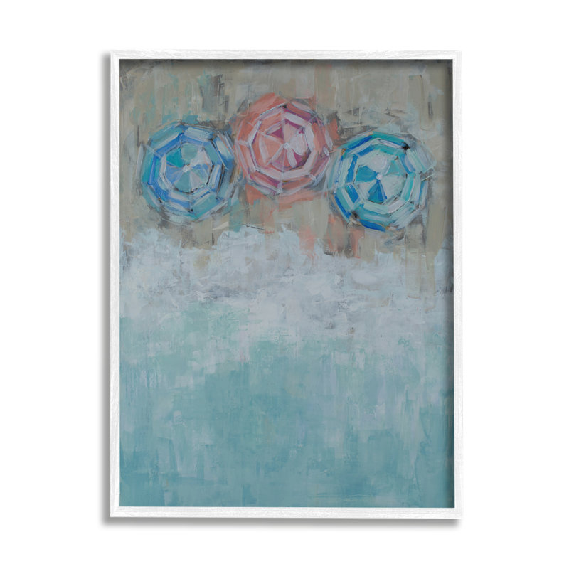 Trio de parasol de plage abstrait O par Reesa Qualia 945, H 20 po x l 16 po x P 1,5 po, Giclée encadrée blanc bord de mer
