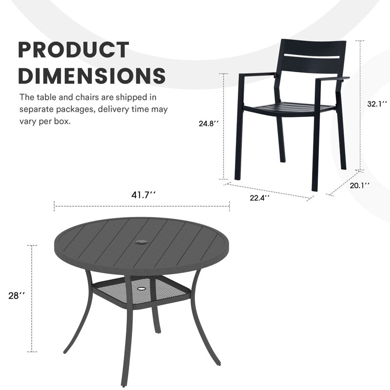 Ensemble de salle à manger d'extérieur pour 4 personnes L 41,7 po avec 4 chaises empilables Eidanas, Noir
