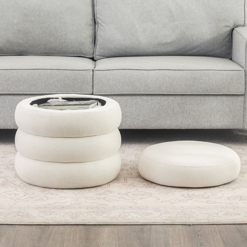 Milind 18.9" H Round Storage Ottoman, Ivory