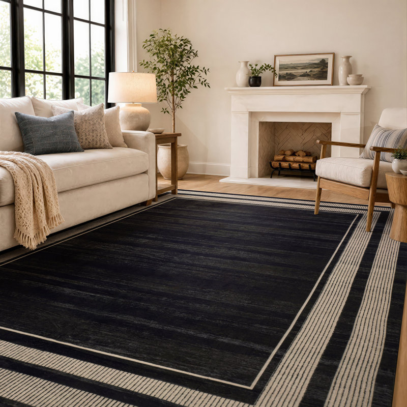 Tapis noir antidérapant à bordure rayée lavable à la machine, 5 pi x 7 pi