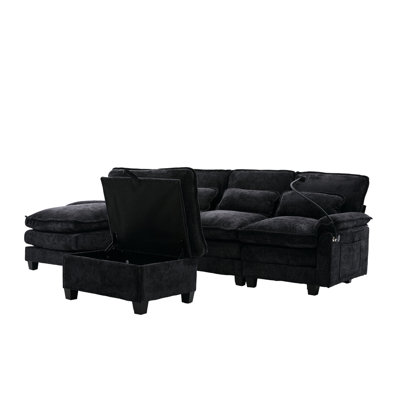 106" U Shape Sectional With Chenille Upholstery, 4 Seat, Sleeper Chaise Lounge, & Pillows - Soft, Breathable, , Built In Charging Interface And Phone Holder Seat Shaped For Living Room, Chaise,