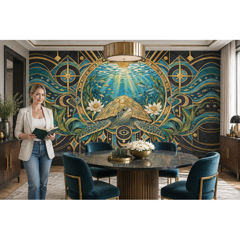 Murale tortue de mer, 180 po x 120 po, Peler et coller