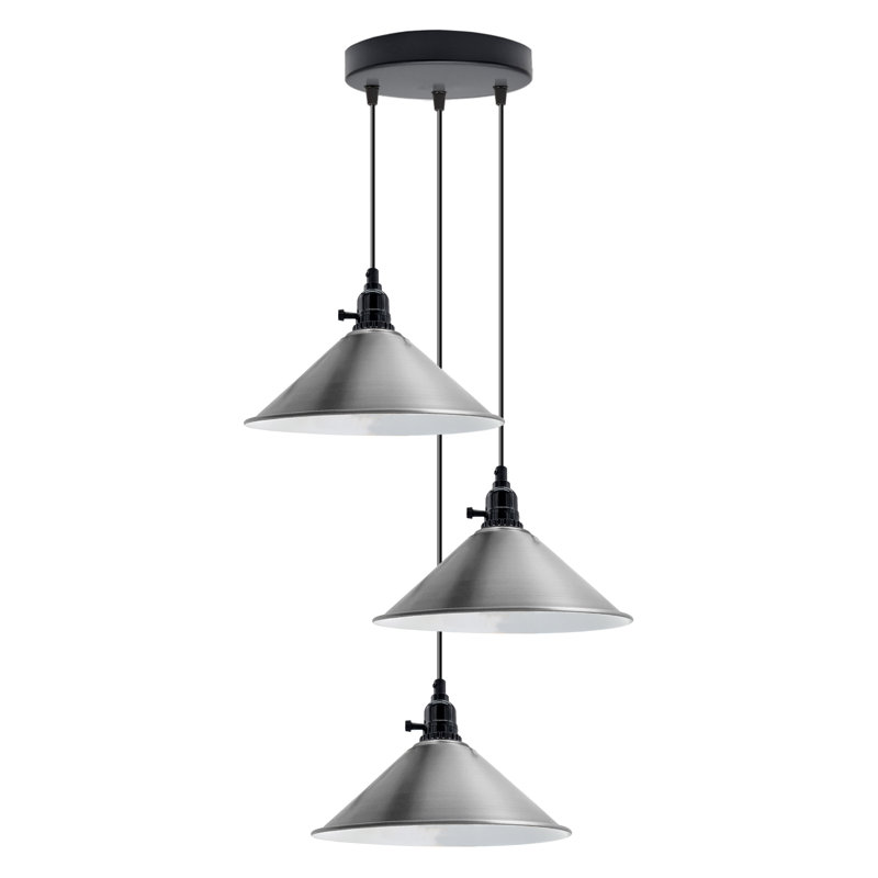 3-Light Cone Pendant Light – Industrial Kitchen Island Ceiling Fixture with Adjustable Height & E27 Bulbs, Satin Nickel, Yes