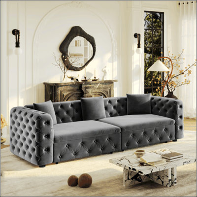 89 Inch Extra Large Multifunctional 3-in-1 Pull Out Sofa, Classic Velvet with Tufted Design and 3 Throw Pillows, Ideal for Apartments and Living Rooms