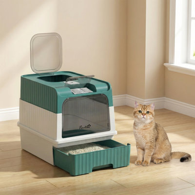Cat Litter Box with Lid, Hooded Cat Litter Box with Pull-Out Drawer Tray, Scoop, Front Entry & Top Exit, 4 Deodorization Bags, Easy to Clean, Teal