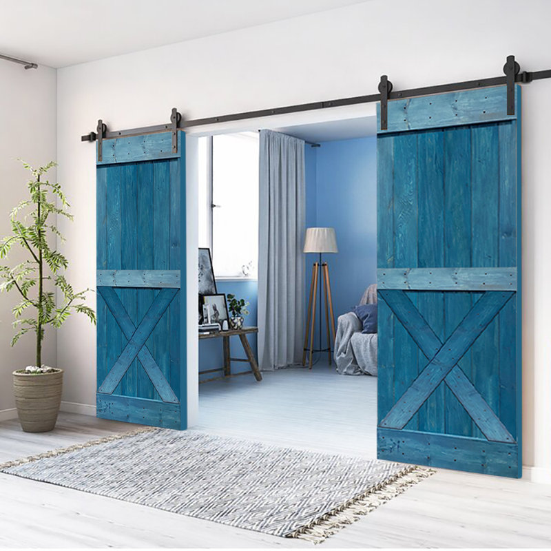 Porte de grange à panneaux et en métal avec trousse de quincaillerie d'installation, Bleu océan, 42 po x 84 po