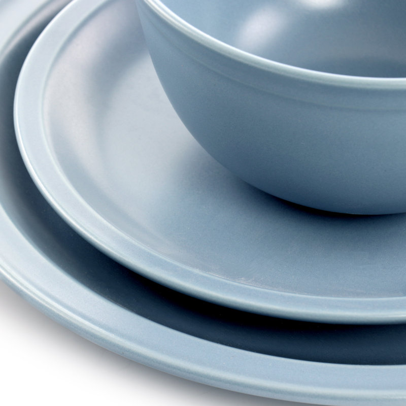Service de table rond 12 pièces en grès gris chaud, Bleu