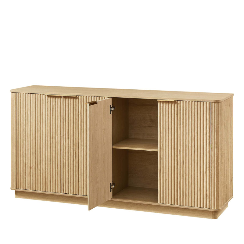 Buffet 63 pouces à rayures verticales en chêne avec rangement, forme ondulée, meuble télé multifonctionnel pour diverses pièces