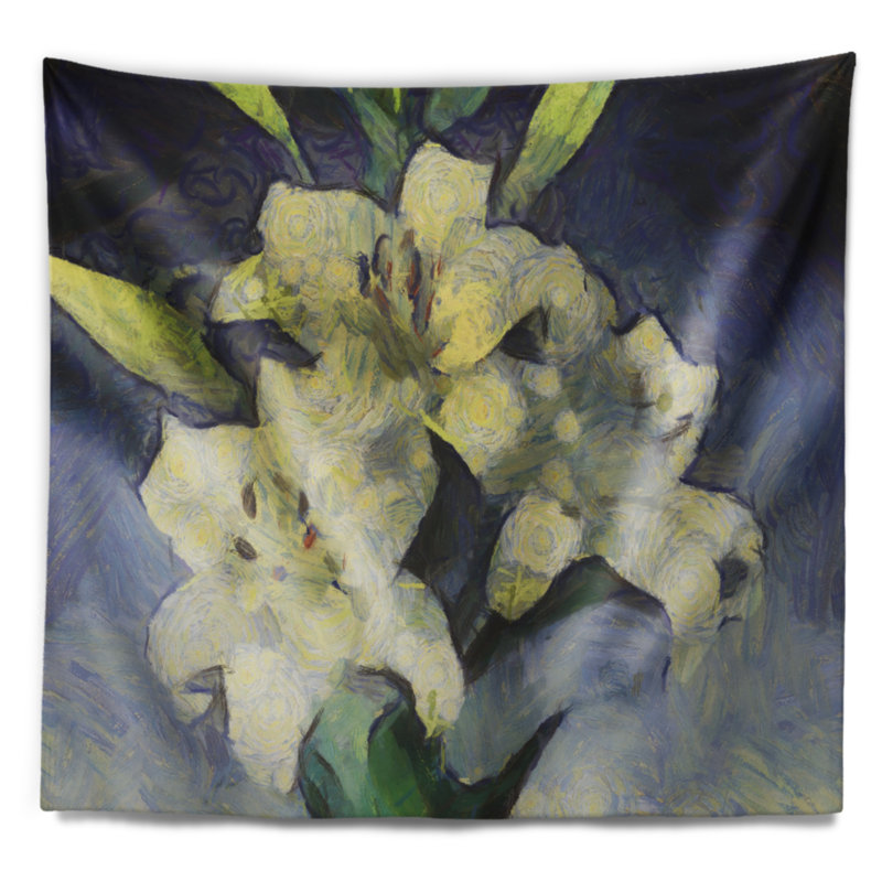 Lys blancs sur tapisserie aquarelle bleue, H 32 po x l 39 po