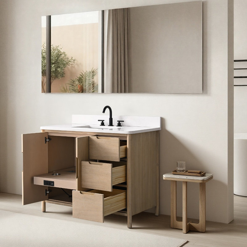 Meuble-lavabo autoportant de 42 po avec plateau en pierre Milano Mist, tablette dissimulée et support pour sèche-cheveux, 42