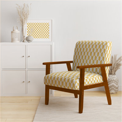 Dola - Fauteuil d'appoint Mid-Century rembourré en velours à motif géométrique doré et blanc I