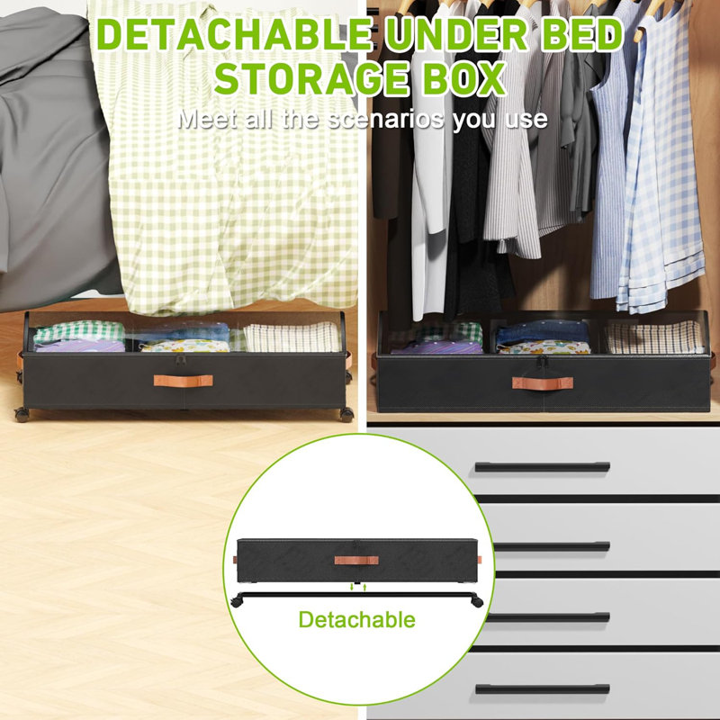 Large Black Fabric Under Bed Storage Containers with Clear Lids and Wheels