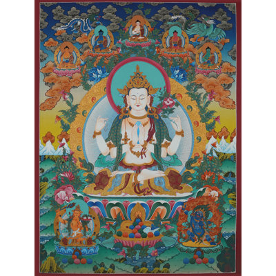 Four Armed Avalokiteshvara Thangka Painting (Brocadeless)