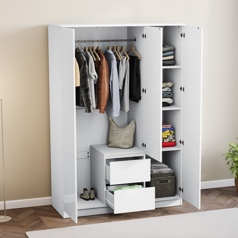 Oslo 3 Door 2 Drawer High Gloss Wardrobe, (FSC 100%) Bedroom Home Clothing Storage Furniture, White