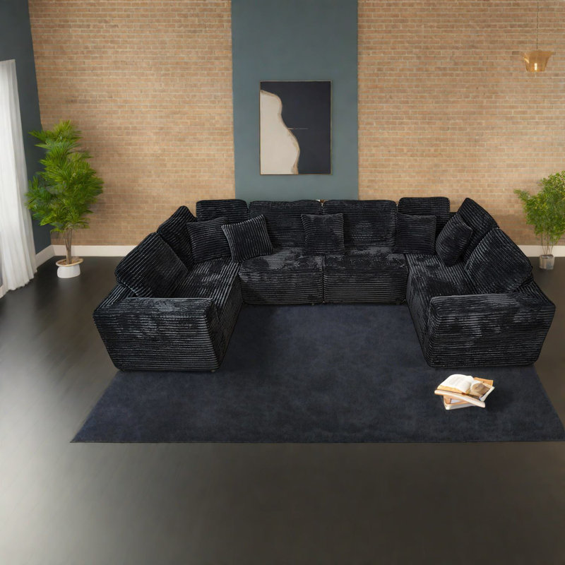 Canapé modulaire spacieux, salon en velours côtelé noir, design moderne en forme de U