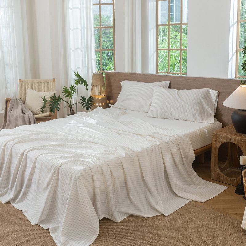 Ensemble de draps 100% coton lavé MooMee, Ensemble de draps pour grand lit avec 2 taies d'or